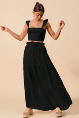 SO ME Smocked Top and Flowy Maxi Skirt Set BLACK OutfitFlow
