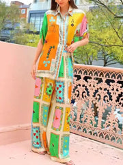 Colorful Print Shirt and Pants Two-Piece Set OutfitFlow