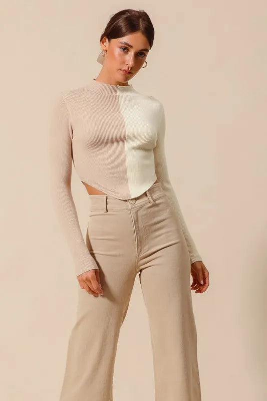 SO ME Color Block Fitted Crop Sweater Top OutfitFlow