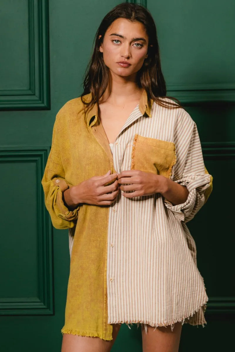 BiBi Washed Raw Hem Shirt OutfitFlow