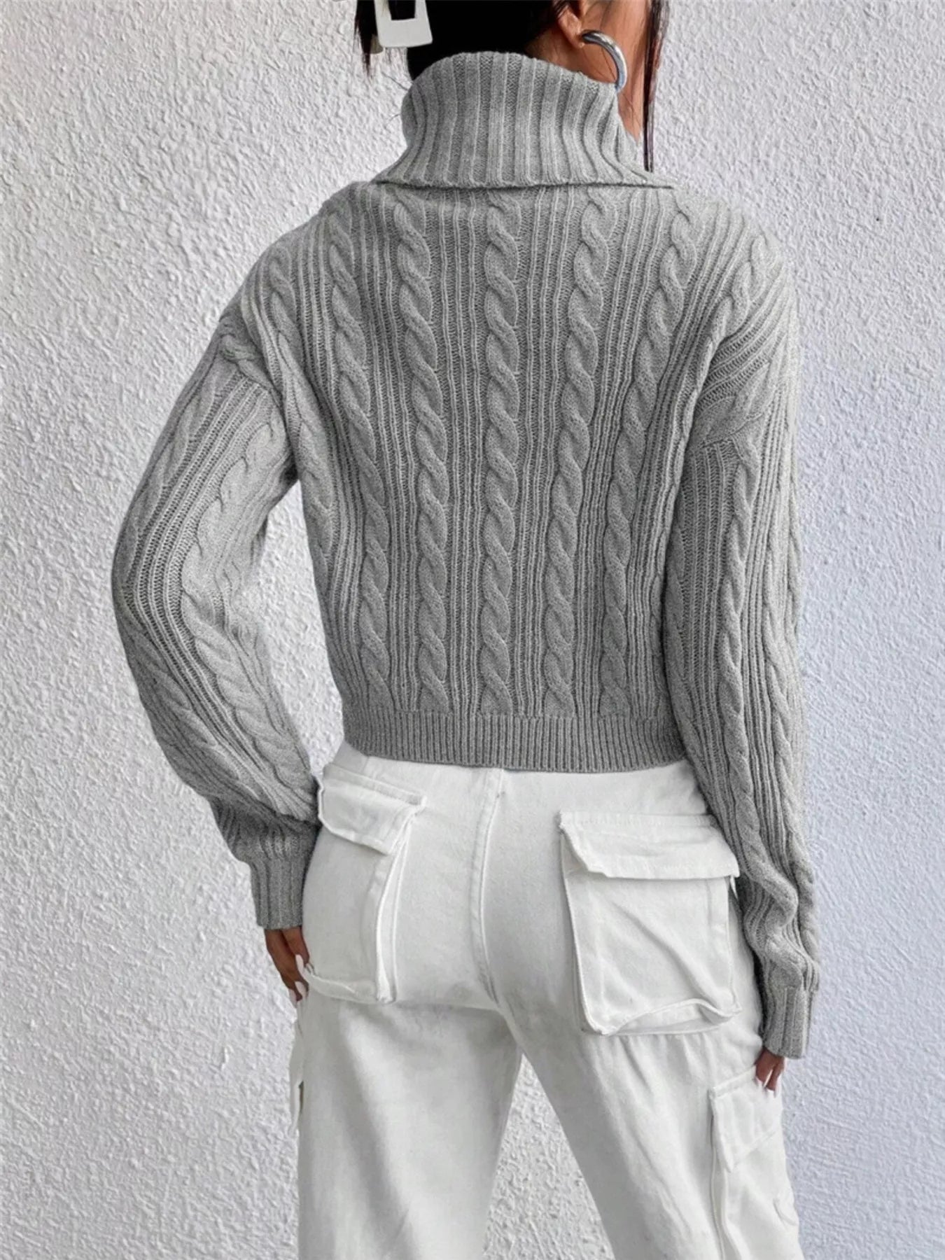 Cable-Knit Turtleneck Long Sleeve Sweater OutfitFlow