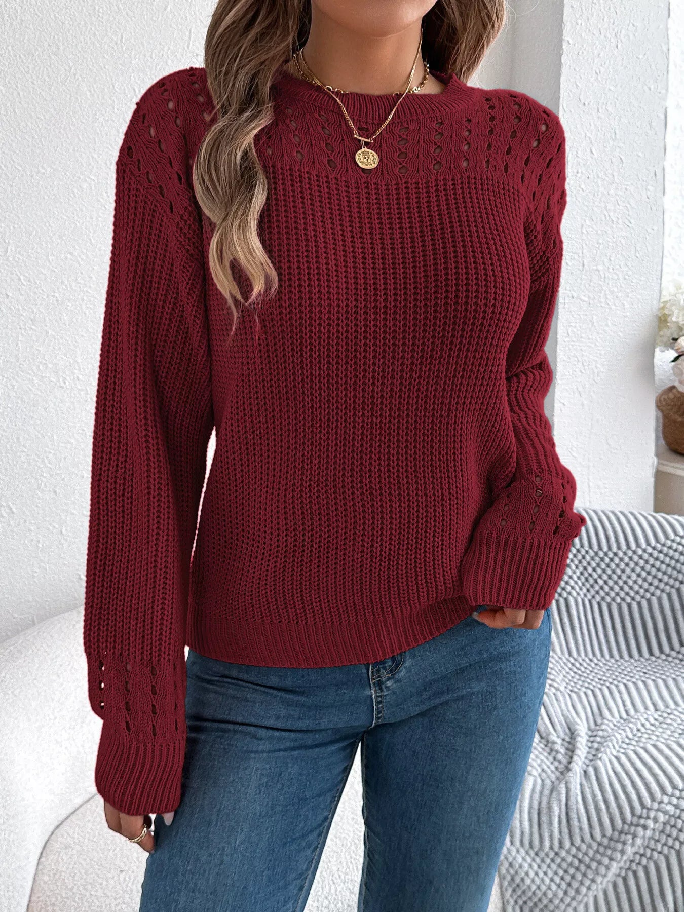 Openwork Round Neck Long Sleeve Sweater OutfitFlow