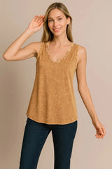 Zenana Crinkle Washed V-neck Sleeveless Top DEEP CAMEL OutfitFlow