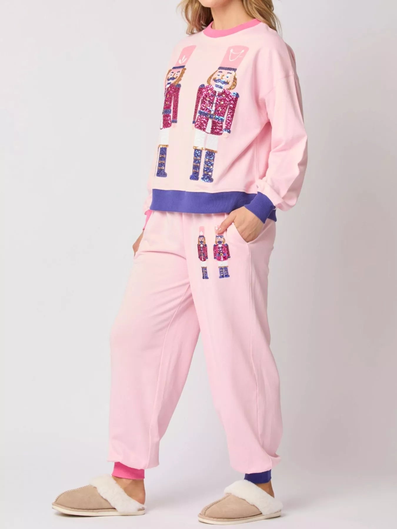 Nutcracker Contrast Trim Sweatshirt and Pants Set OutfitFlow