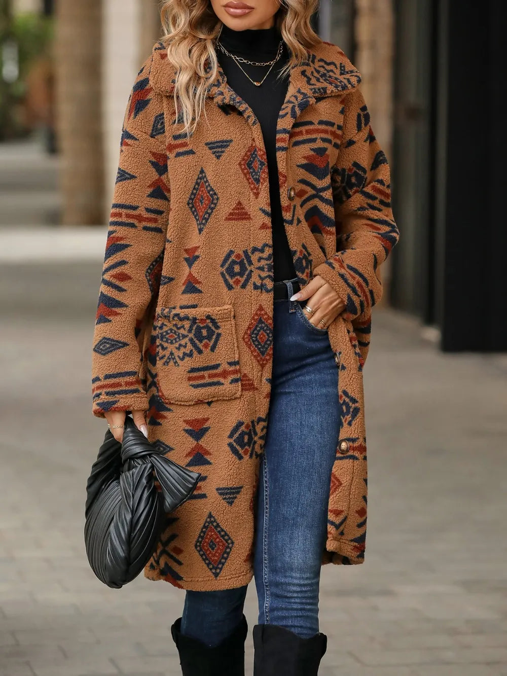 Geometric Pocketed Dropped Shoulder Coat Caramel Trendsi