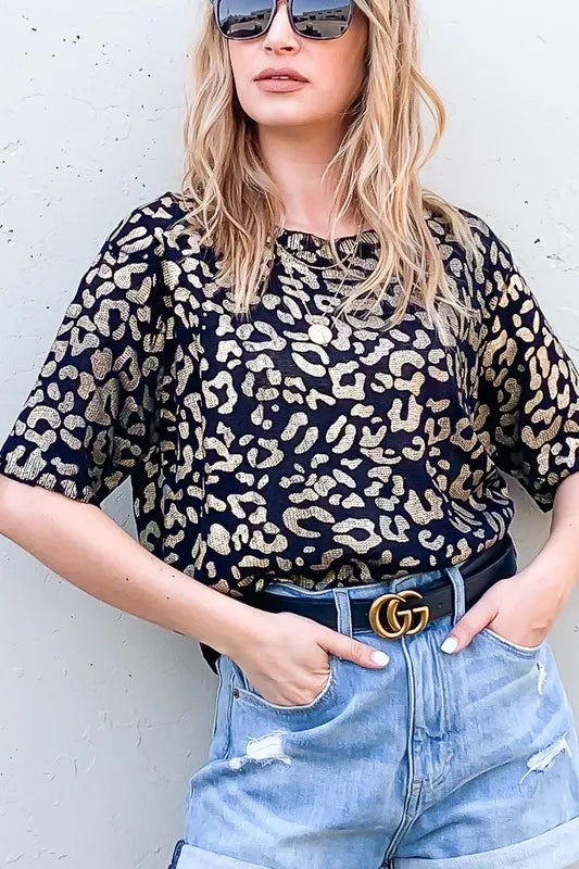 And The Why Leopard Foil Printed Half Sleeve Summer Sweater OutfitFlow