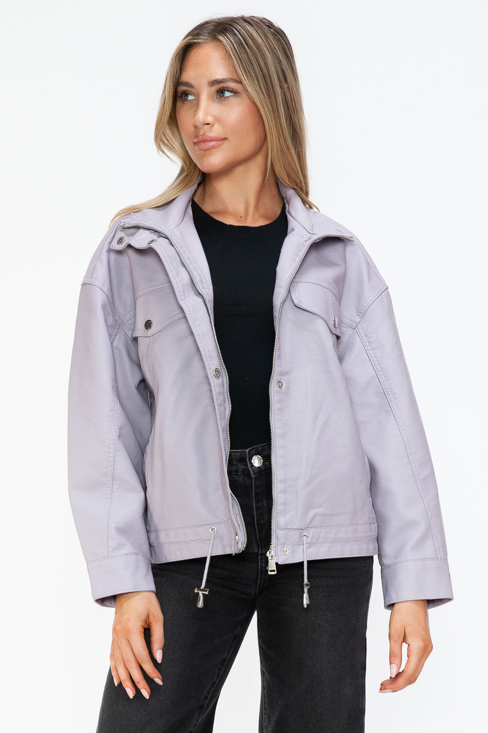 Outfit Flow - How Dare U Drawstring Hem PU Leather Zip Up Jacket