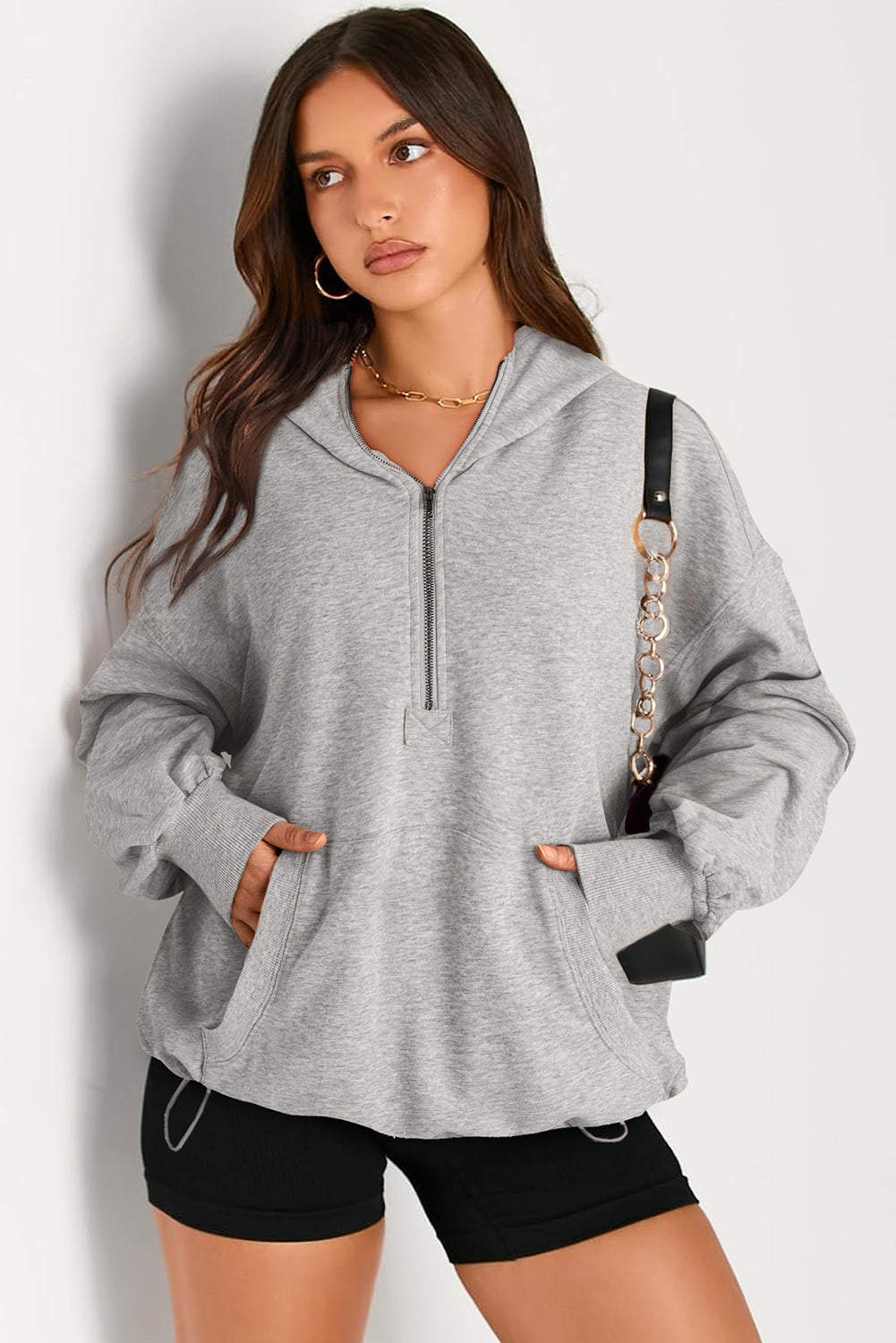 Outfit Flow - Pocketed Half Zip Long Sleeve Hoodie