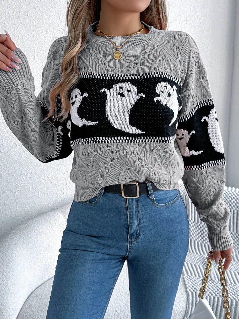 Ghost Round Neck Long Sleeve Sweater OutfitFlow