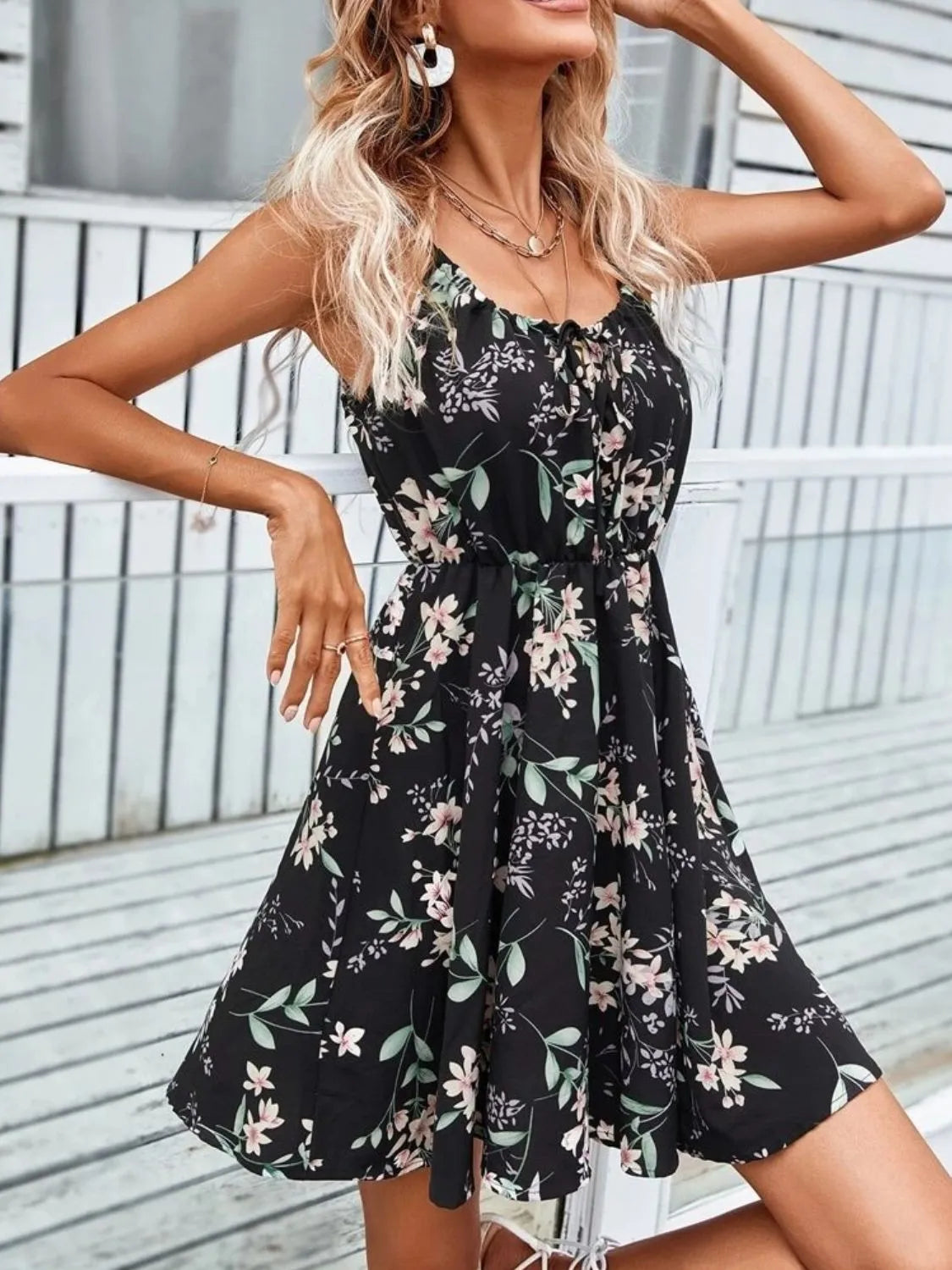 Floral Print Spaghetti Strap Summer Mini Dress OutfitFlow