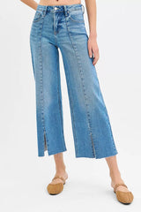 RISEN Tummy Control Mid Rise Crop Wide Front Slit Jeans OutfitFlow