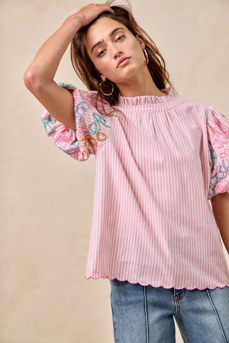 BiBi Embroidery Bubble Sleeve Top With Bottom Scallop Detail OutfitFlow