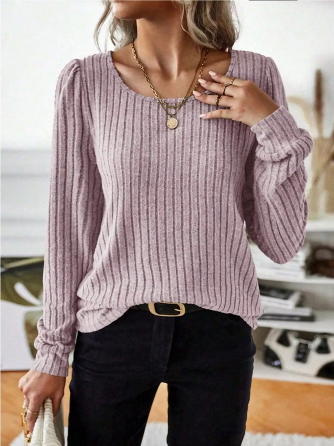 Ribbed Knit Long Sleeve T-Shirt Pink OutfitFlow