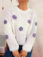 Flower Embellished Round Neck Sweater OutfitFlow