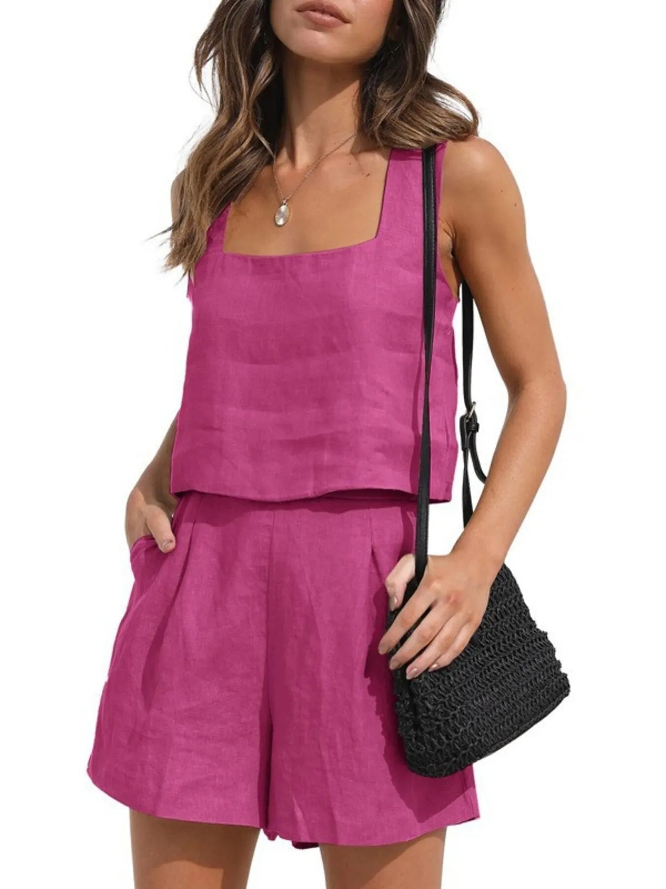 Square Neck Tank and Shorts Set Rose Red OutfitFlow