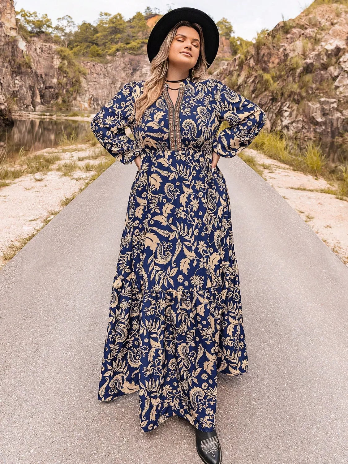 Plus Size Floral Print Long Sleeve Maxi Dress Trendsi