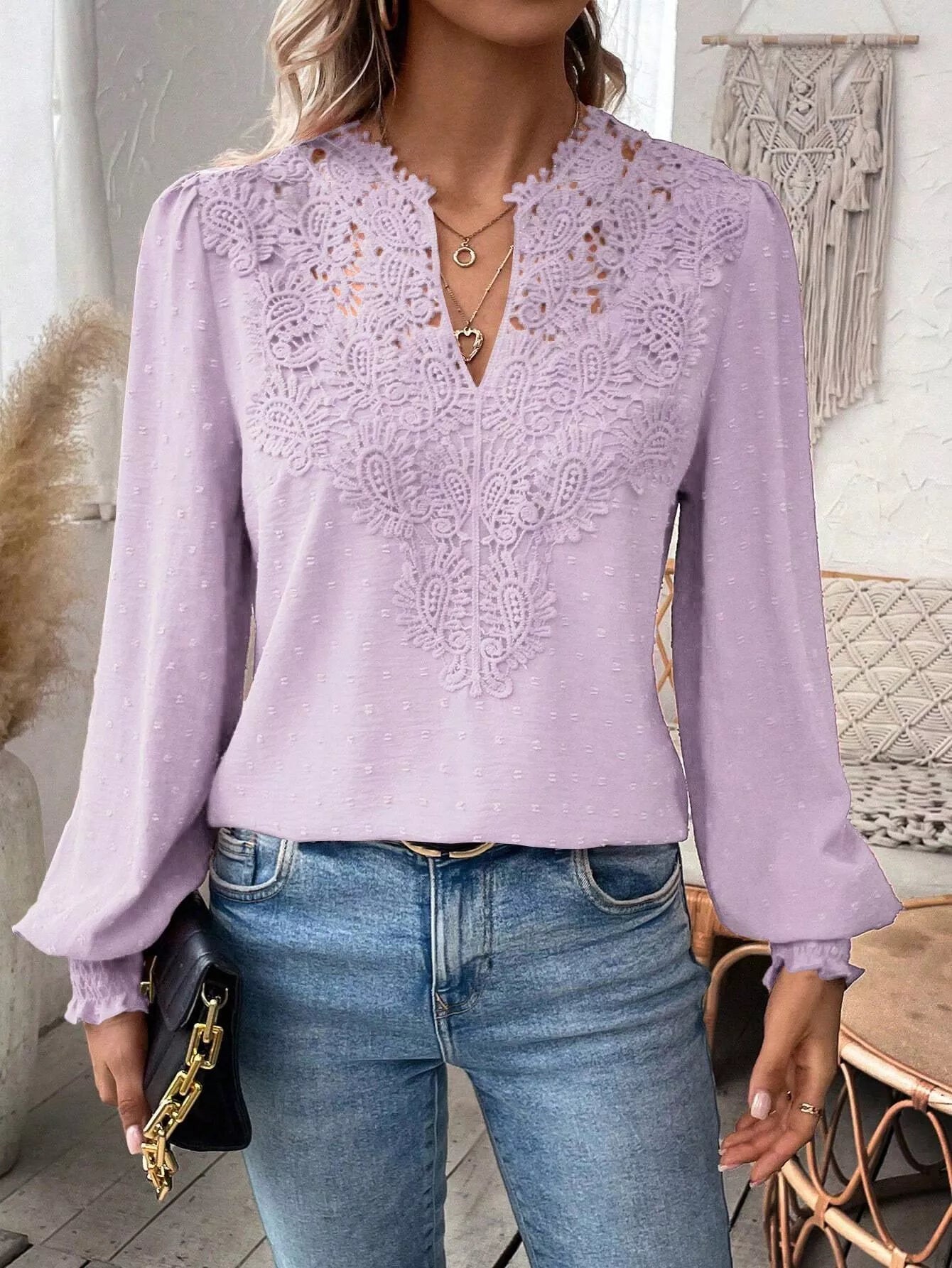 Swiss Dot Lace Detail Long Sleeve Blouse Pink Purple OutfitFlow
