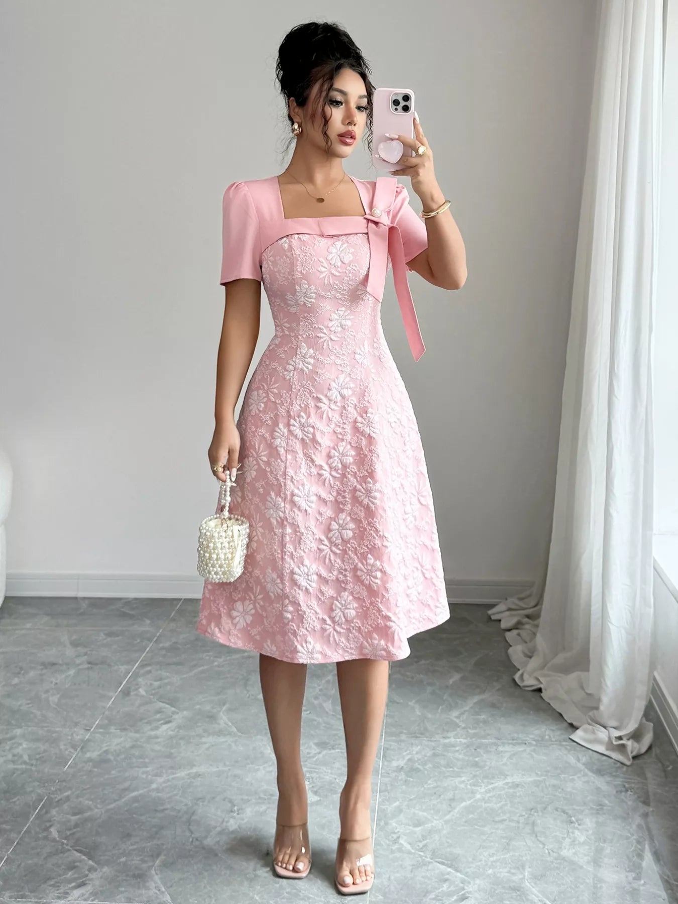 Bow Detail Square Neck Short Sleeve Dress OutfitFlow
