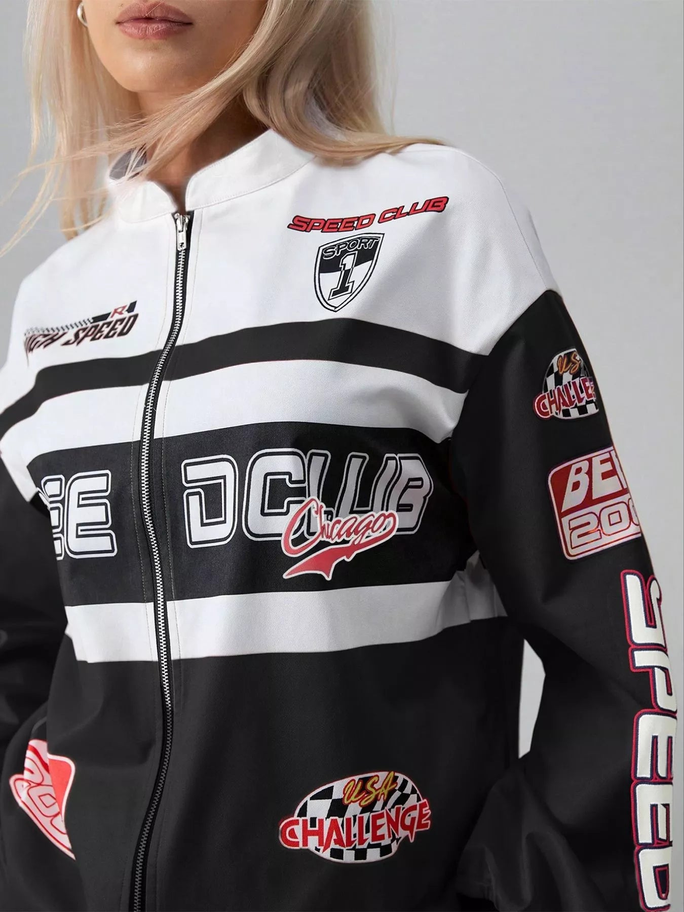 Letter Zip Up Dropped Shoulder Jacket OutfitFlow