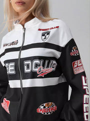 Letter Zip Up Dropped Shoulder Jacket OutfitFlow