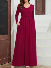 Pocketed V-Neck Long Sleeve Maxi Dress