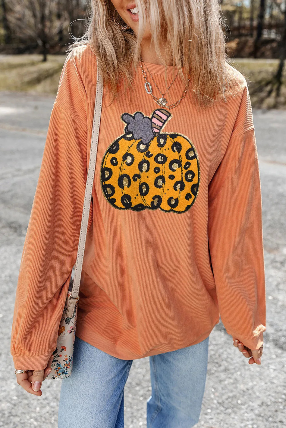 Pumpkin Round Neck Long Sleeve Sweatshirt OutfitFlow