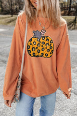 Pumpkin Round Neck Long Sleeve Sweatshirt OutfitFlow