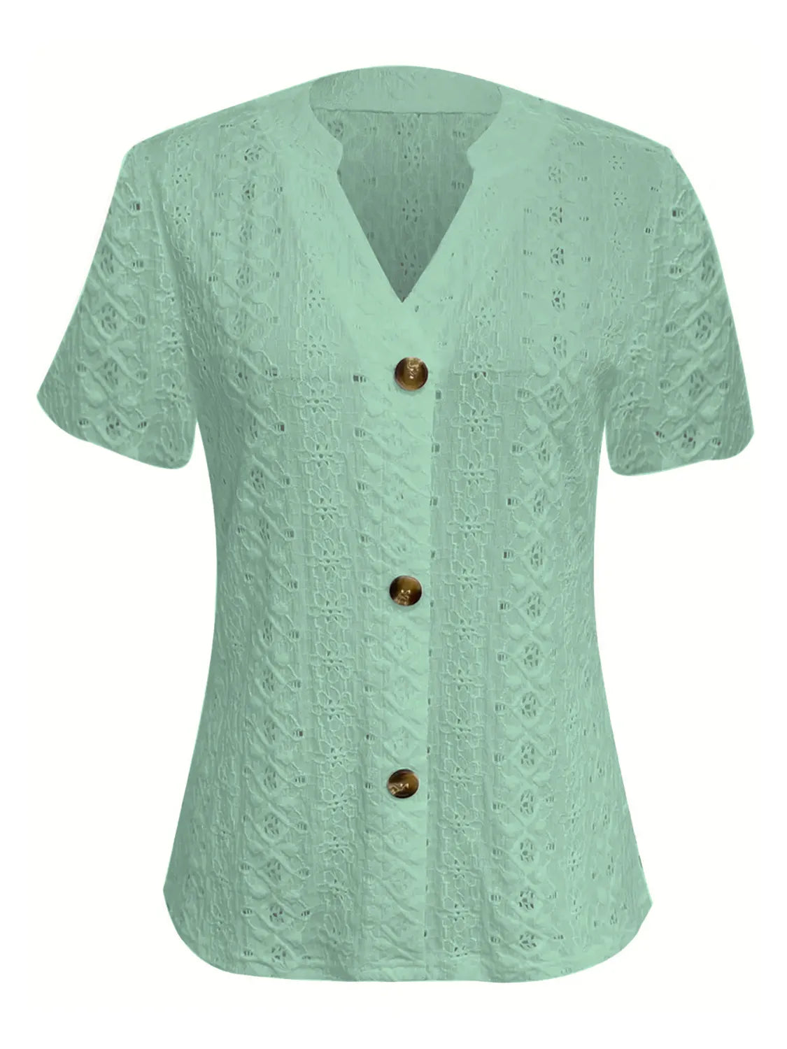 Openwork Notched Short Sleeve Top OutfitFlow