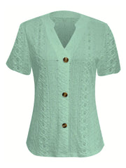 Openwork Notched Short Sleeve Top OutfitFlow