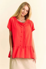 Davi & Dani Solid Lace Trim Neck Short Sleeve Peplum Top OutfitFlow