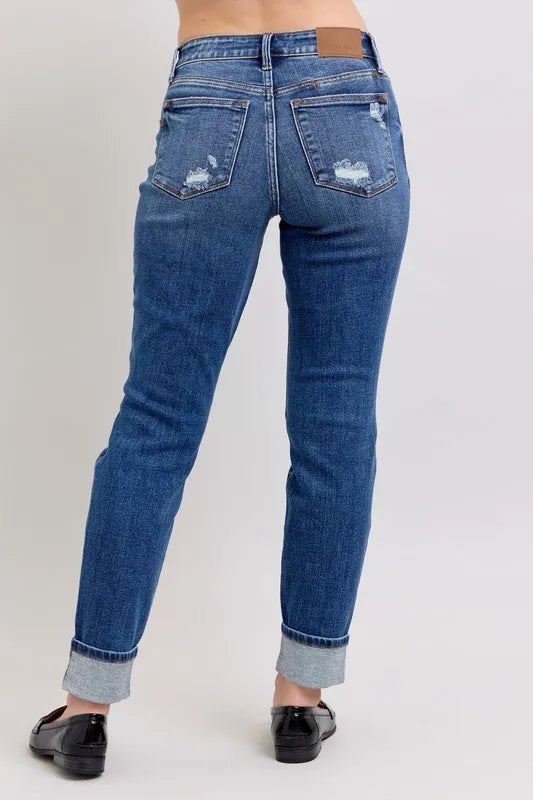 Judy Blue Full Size Midi Rise Boyfriend destroy Jeans with Yoke Pockets and Faux Selvedge Cuff Plus Size OutfitFlow