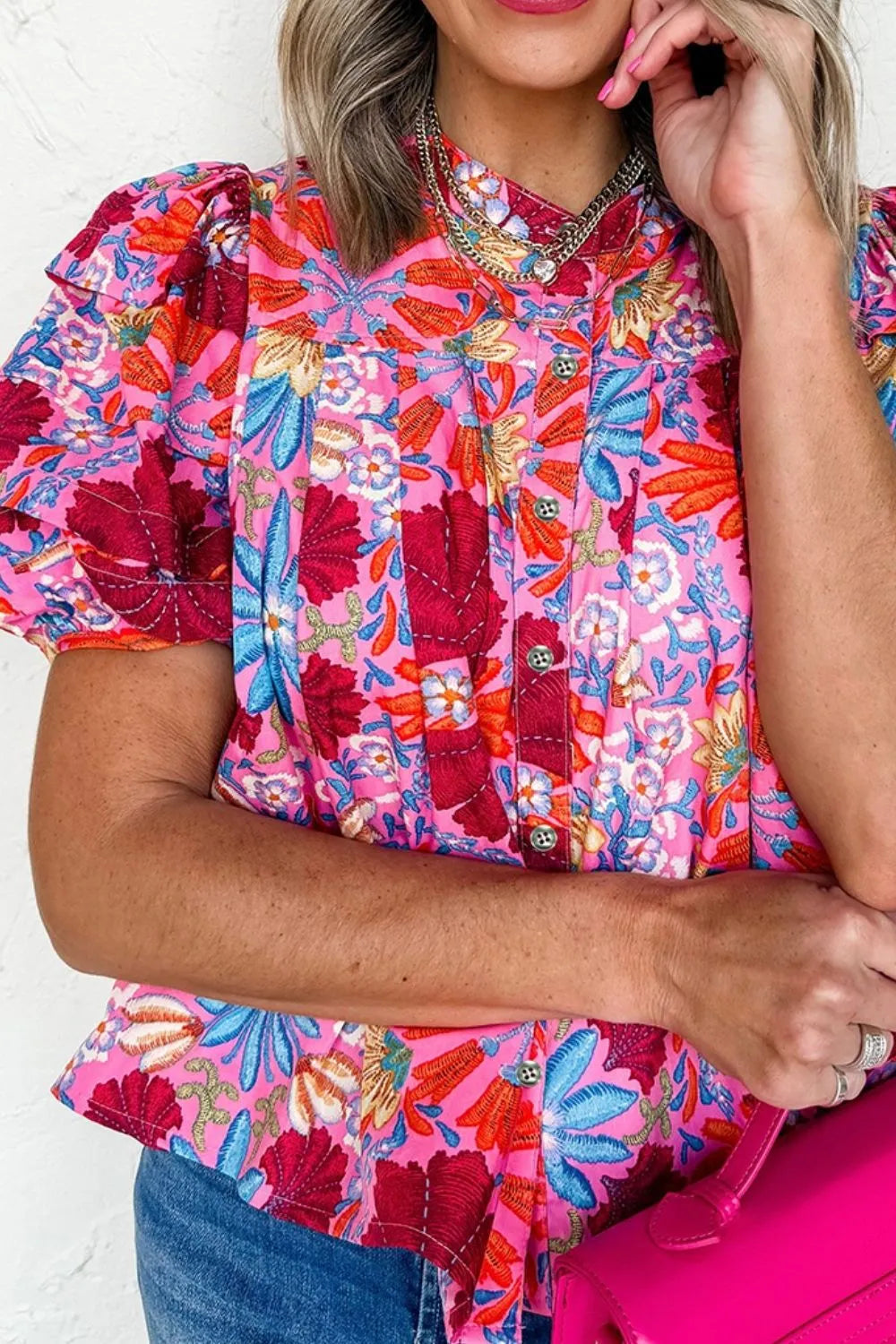 Floral Puff Sleeve Button-Up Top OutfitFlow