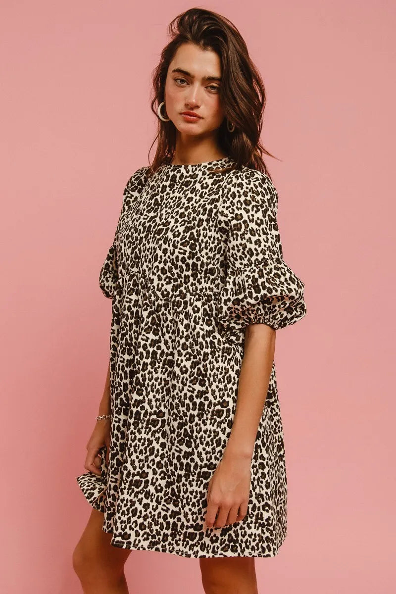 BiBi Leopard Denim Dress With Back Contrast Tie Detail OutfitFlow