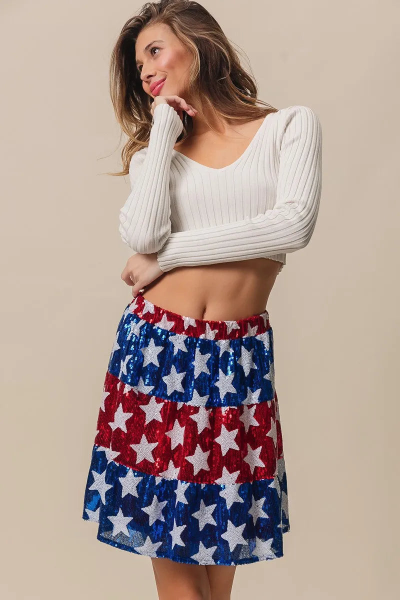 BiBi American Flag Theme Star Sequin Tiered Skirt OutfitFlow