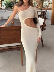 Cutout Slit One Shoulder Long Sleeve Sweater Dress OutfitFlow