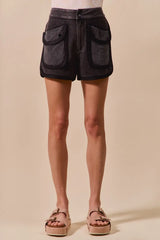 SO ME Mineral Washed Terry High Rise Cargo Shorts CHARCOAL BLACK OutfitFlow