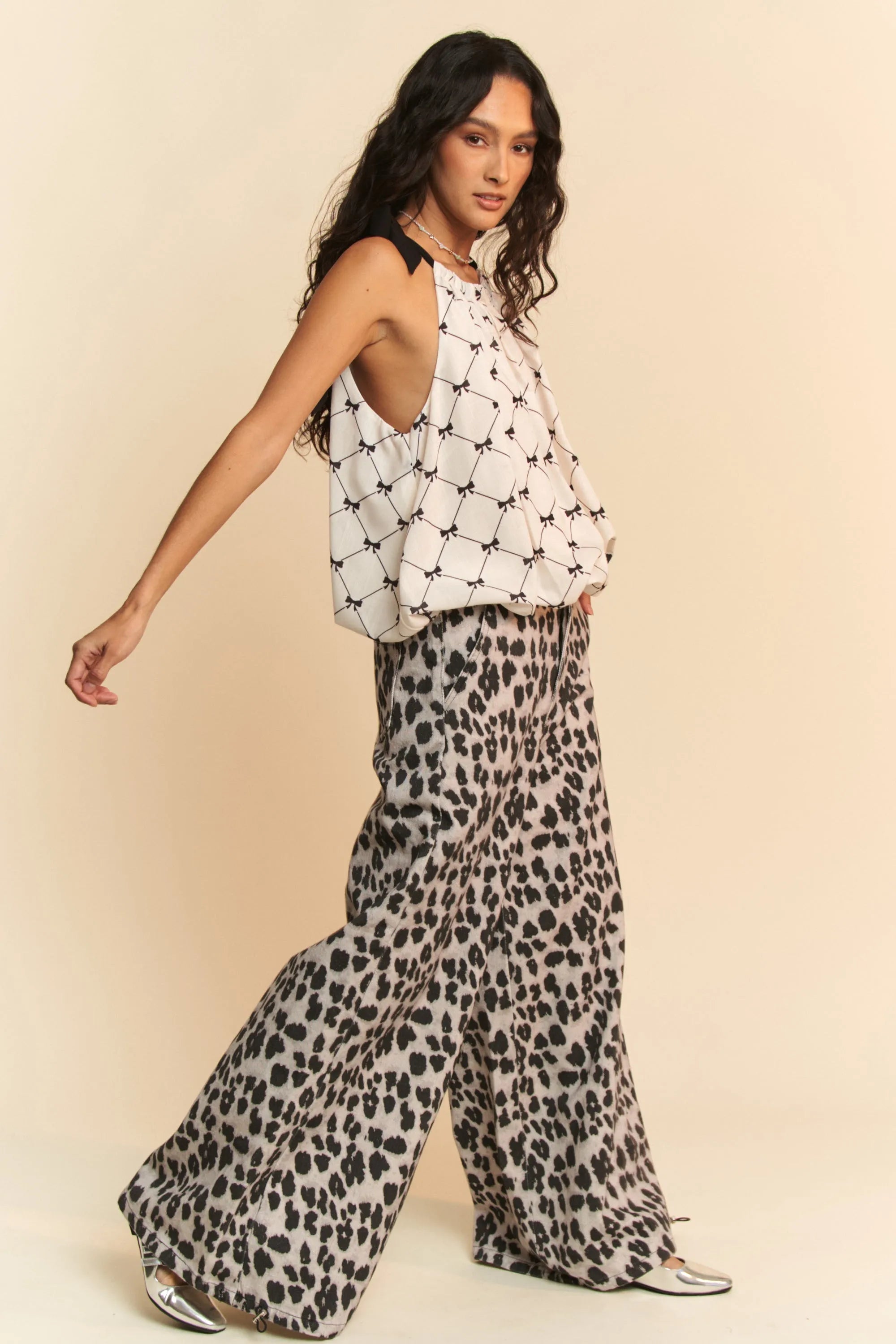 Davi & Dani Ribbon Checker Printed Tie Halter Neck Blouse Top OutfitFlow
