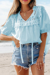 Eyelet Lace Trim Puff Sleeve Blouse OutfitFlow