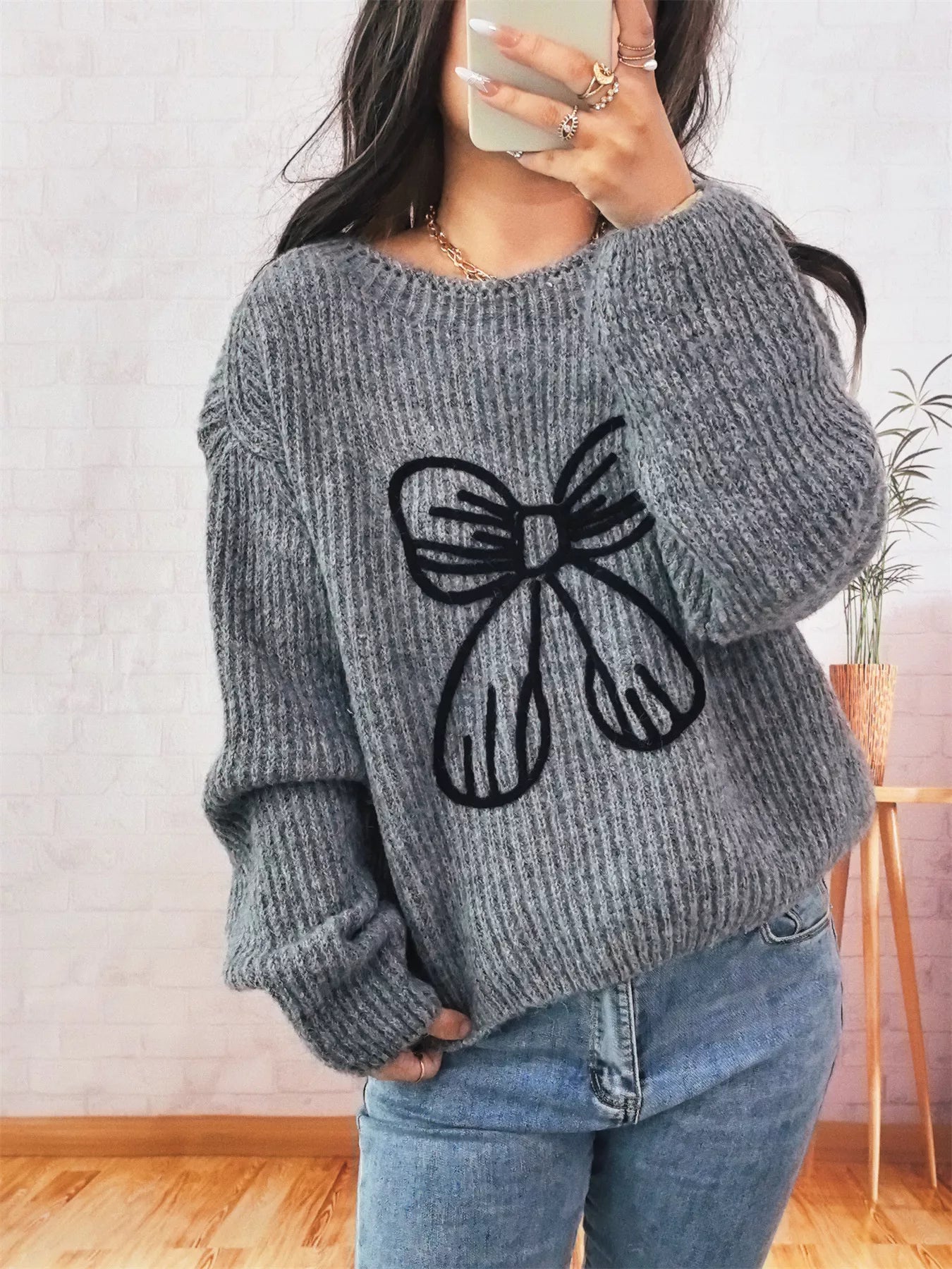 Bow Round Neck Long Sleeve Sweater OutfitFlow