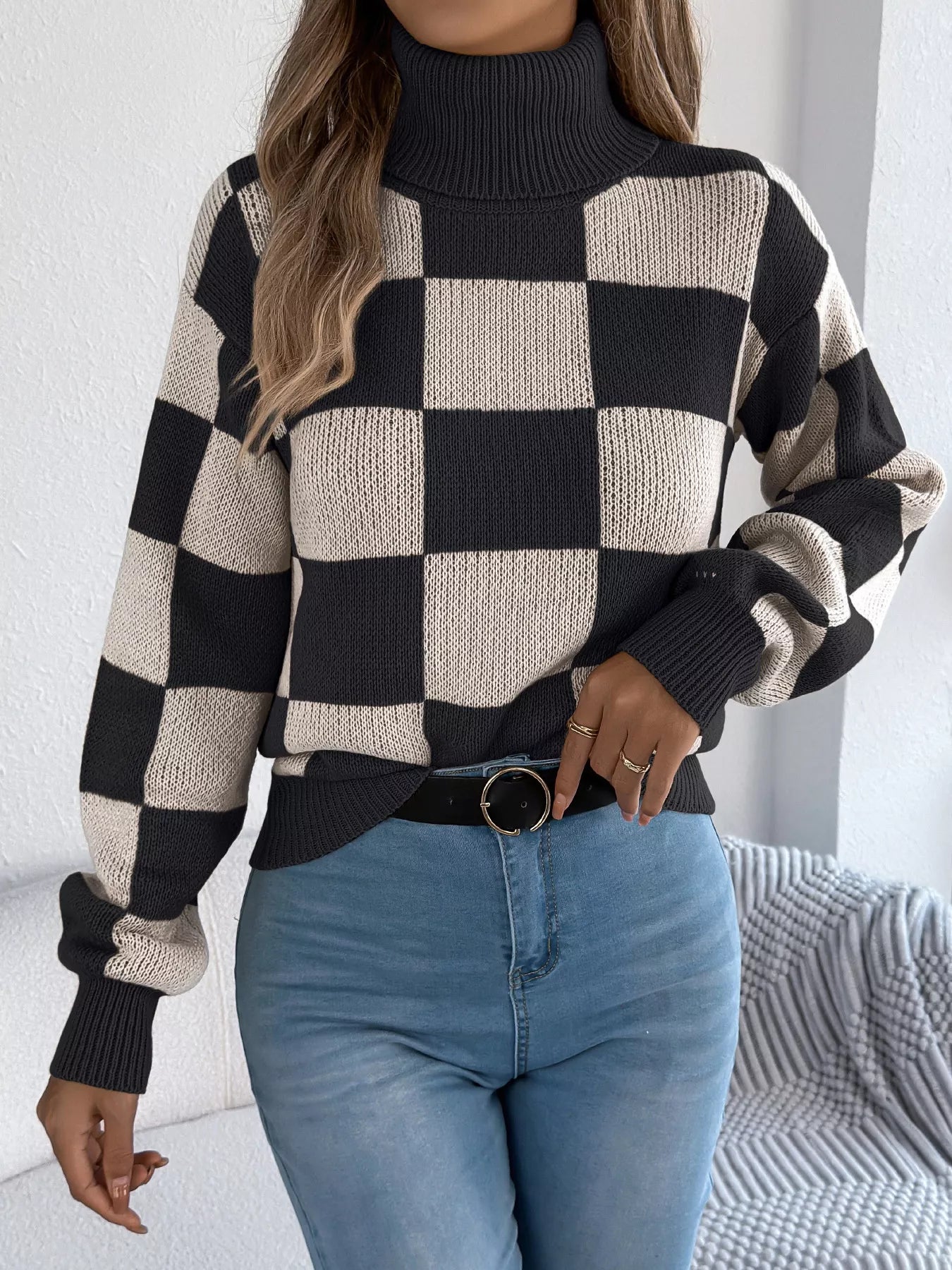 Checkered Turtleneck Long Sleeve Sweater Black OutfitFlow