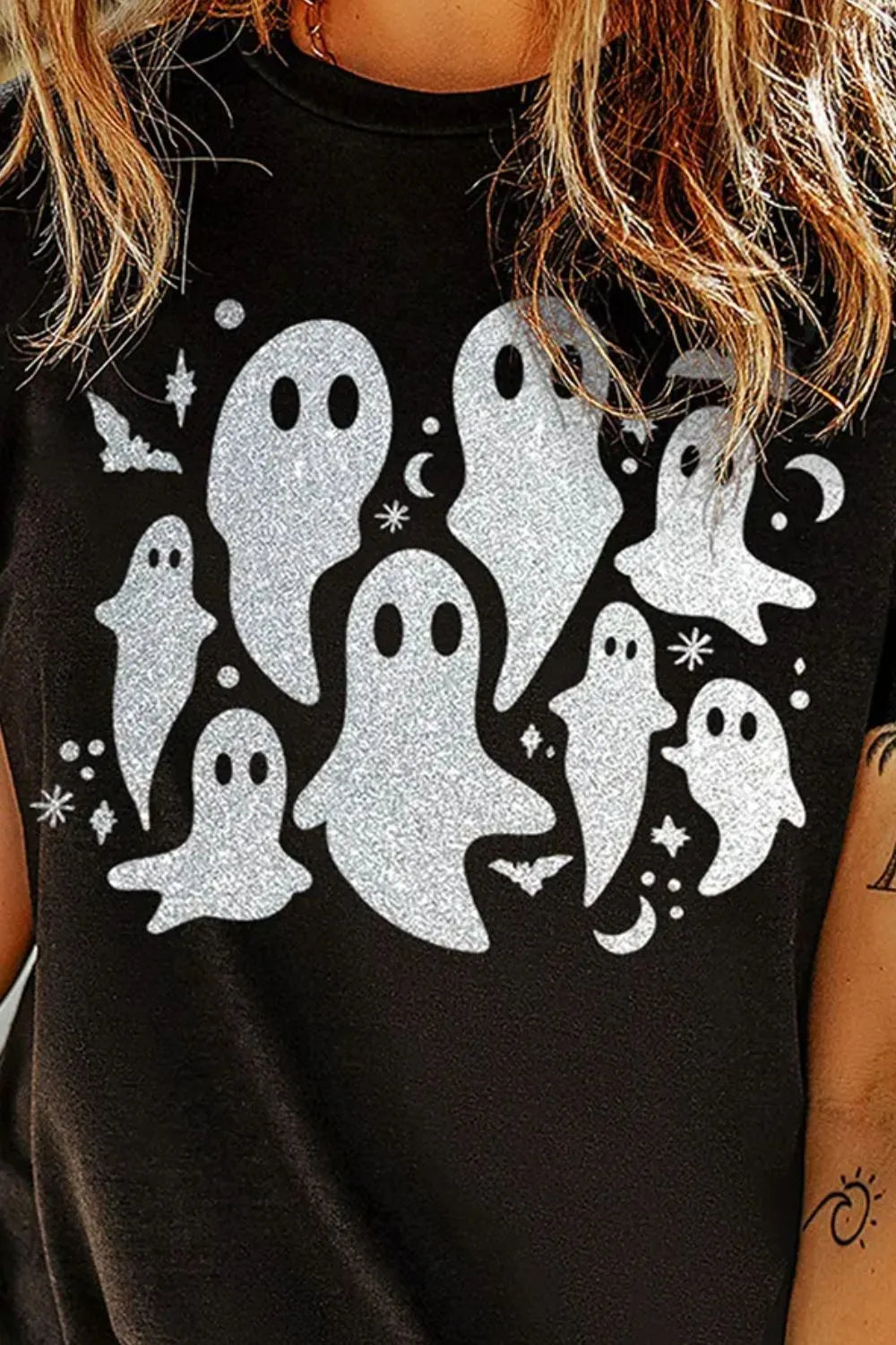 Full Size Ghost Round Neck Short Sleeve T-Shirt OutfitFlow