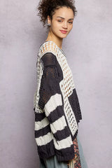 POL Color-Blocked Stripe Pattern Knit Top with Twisted Weave OutfitFlow