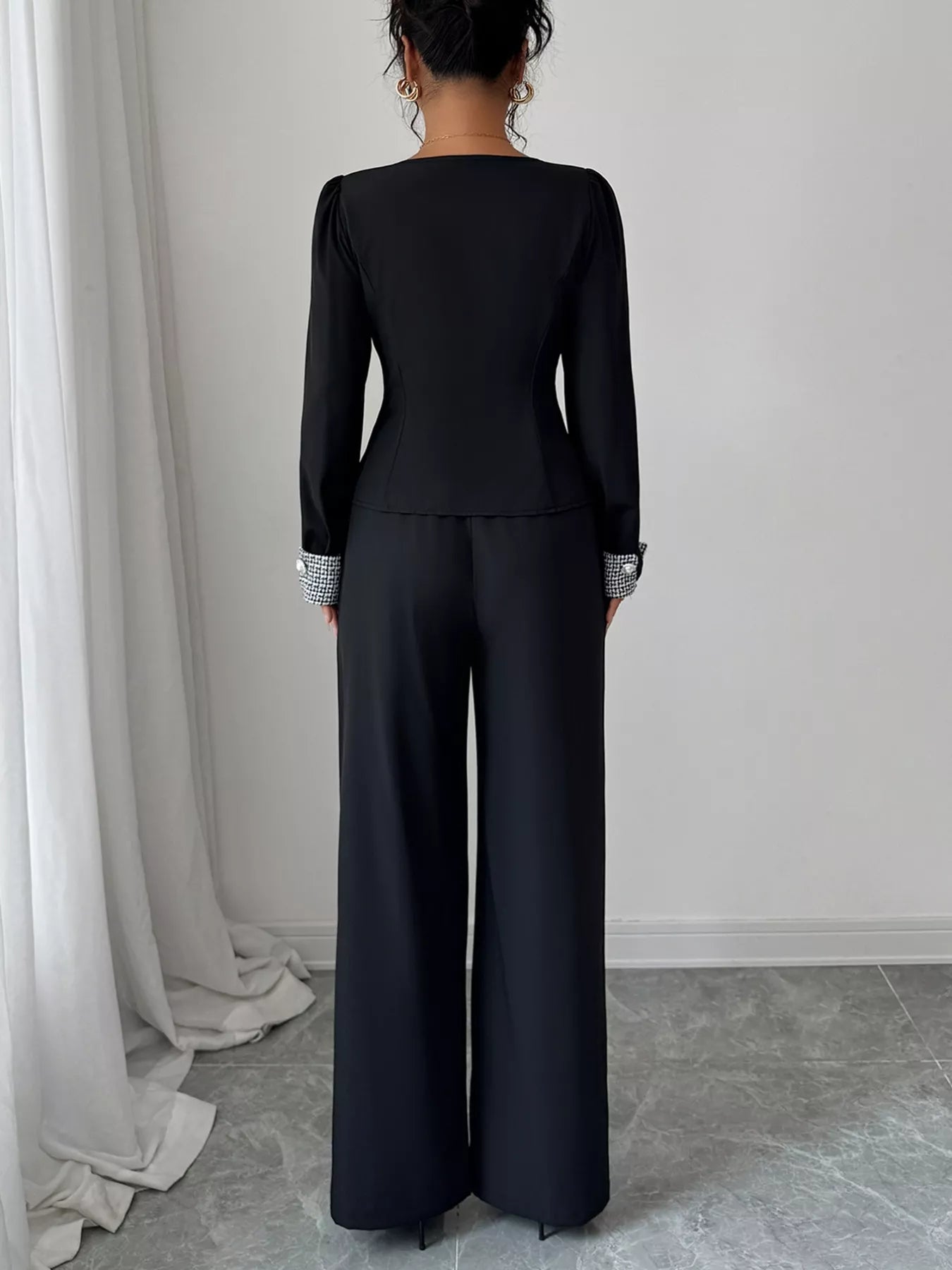 Long Sleeve Top and Wide Leg Pants Set OutfitFlow