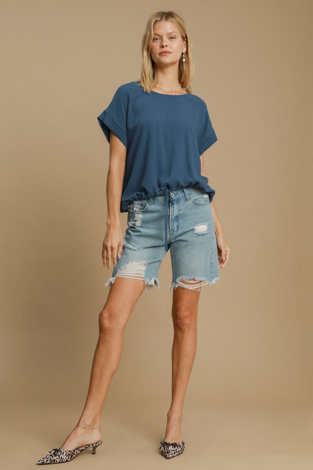 Outfit Flow - Umgee Drawstring Hem Round Neck Short Sleeve T-Shirt