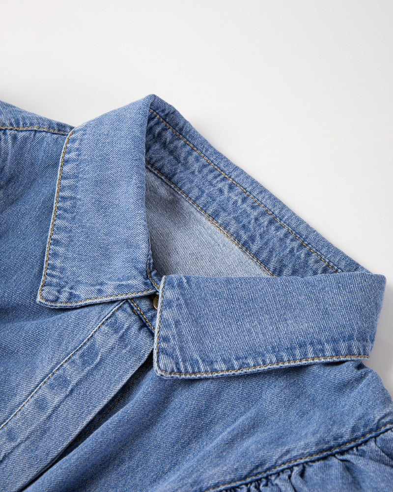 Ruffled Collared Neck Long Sleeve Denim Top OutfitFlow