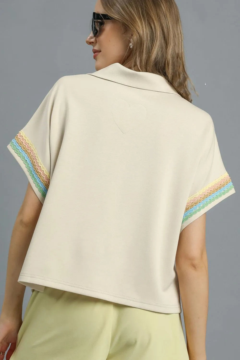 Umgee Contrast Trim Half Zip Collared Blouse OutfitFlow