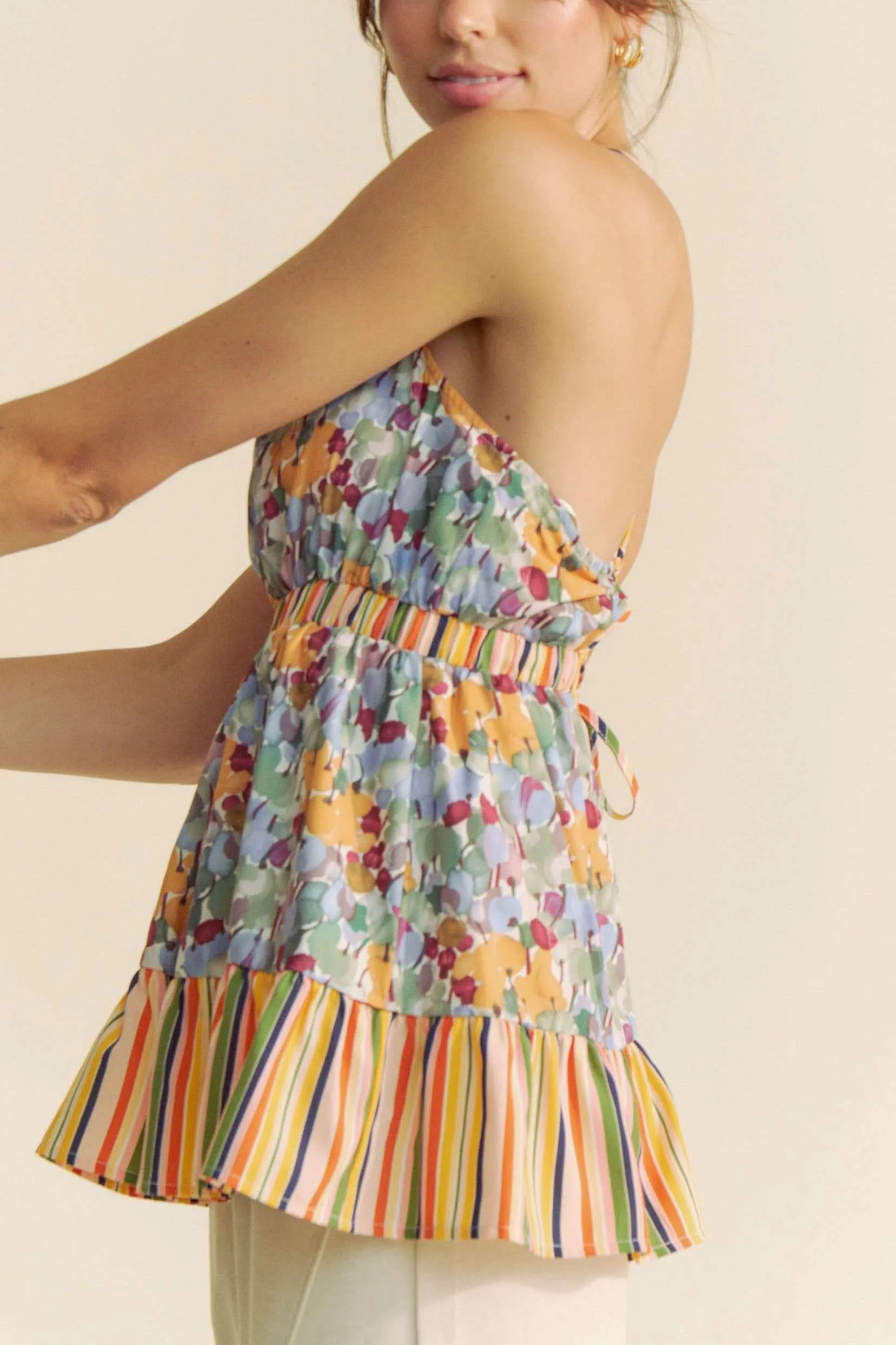 Davi & Dani Floral Smocked Sleeveless Ruffle Back Tie Top OutfitFlow