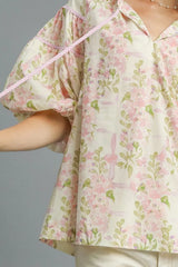 Umgee Floral Print Puff Sleeve Tie Neck Blouse OutfitFlow