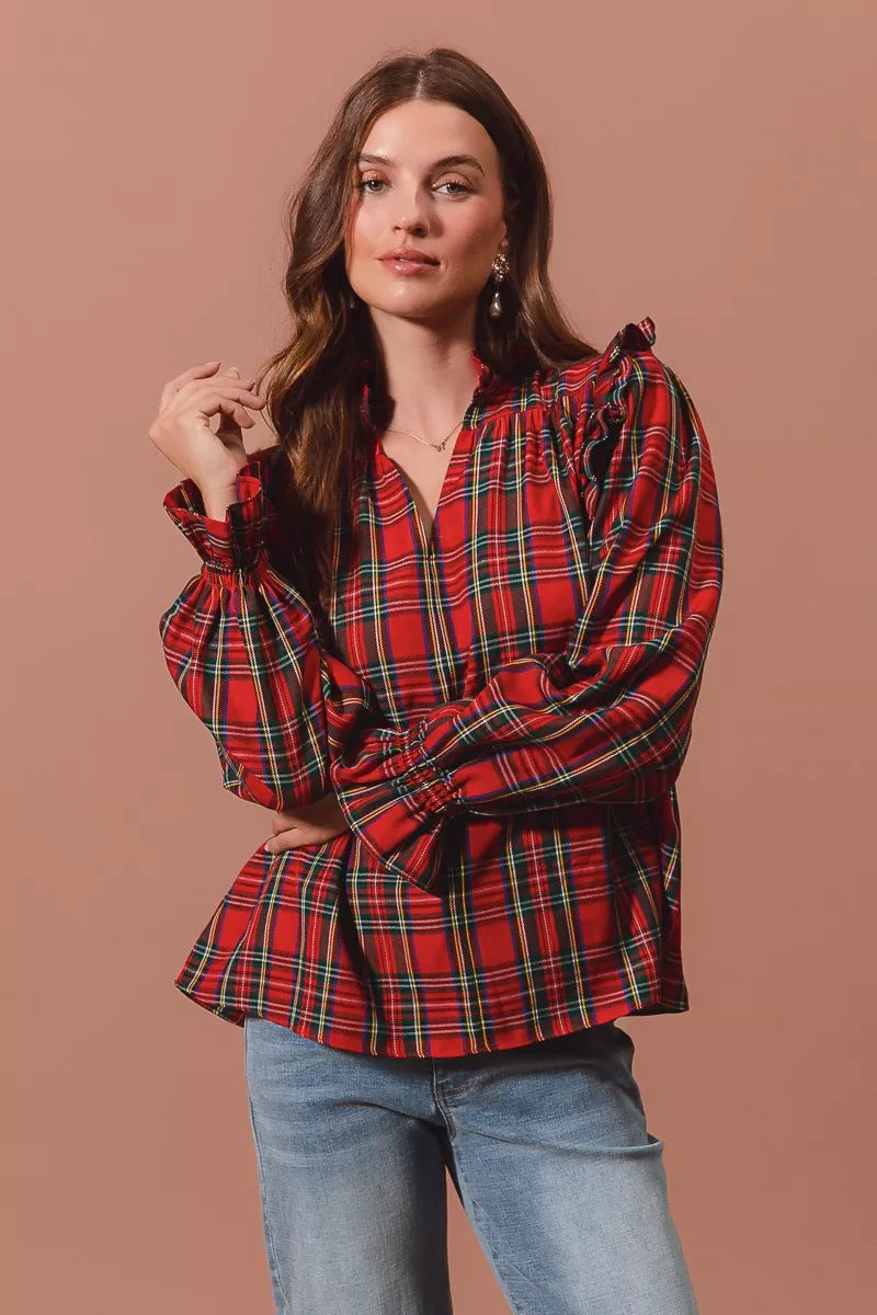 SO ME Christmas Checkered Plaid Smocked Blouse OutfitFlow