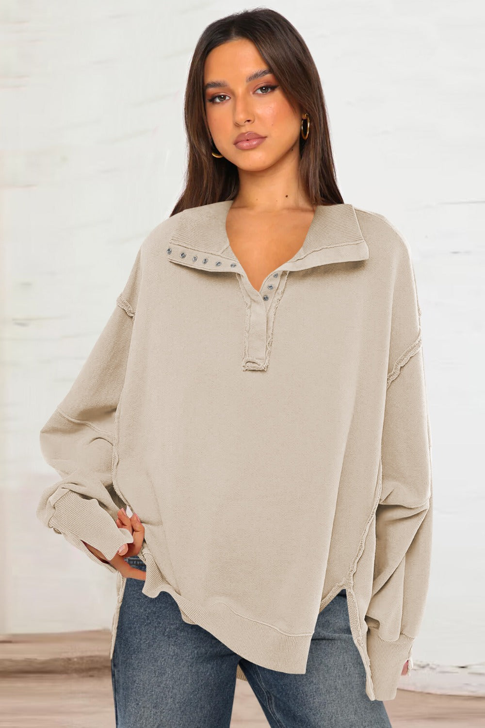 Outfit Flow - Exposed Seam Side Slit Long Sleeve Sweatshirt